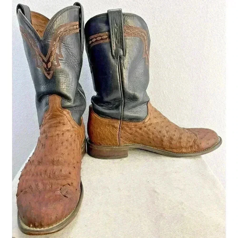 Lucchese 1883 Full Quill Ostrich Western Chocolate Peanut Brittle Boots 9D